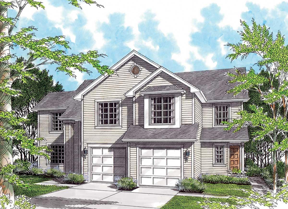 House plan exterior showing a two-story home with a gable roof, dormers, and a double garage.