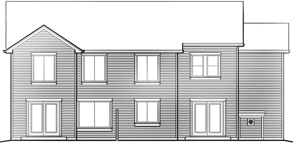 House plan exterior drawing showing a two-story elevation with a prominent gable, multiple double-hung windows, and French doors.