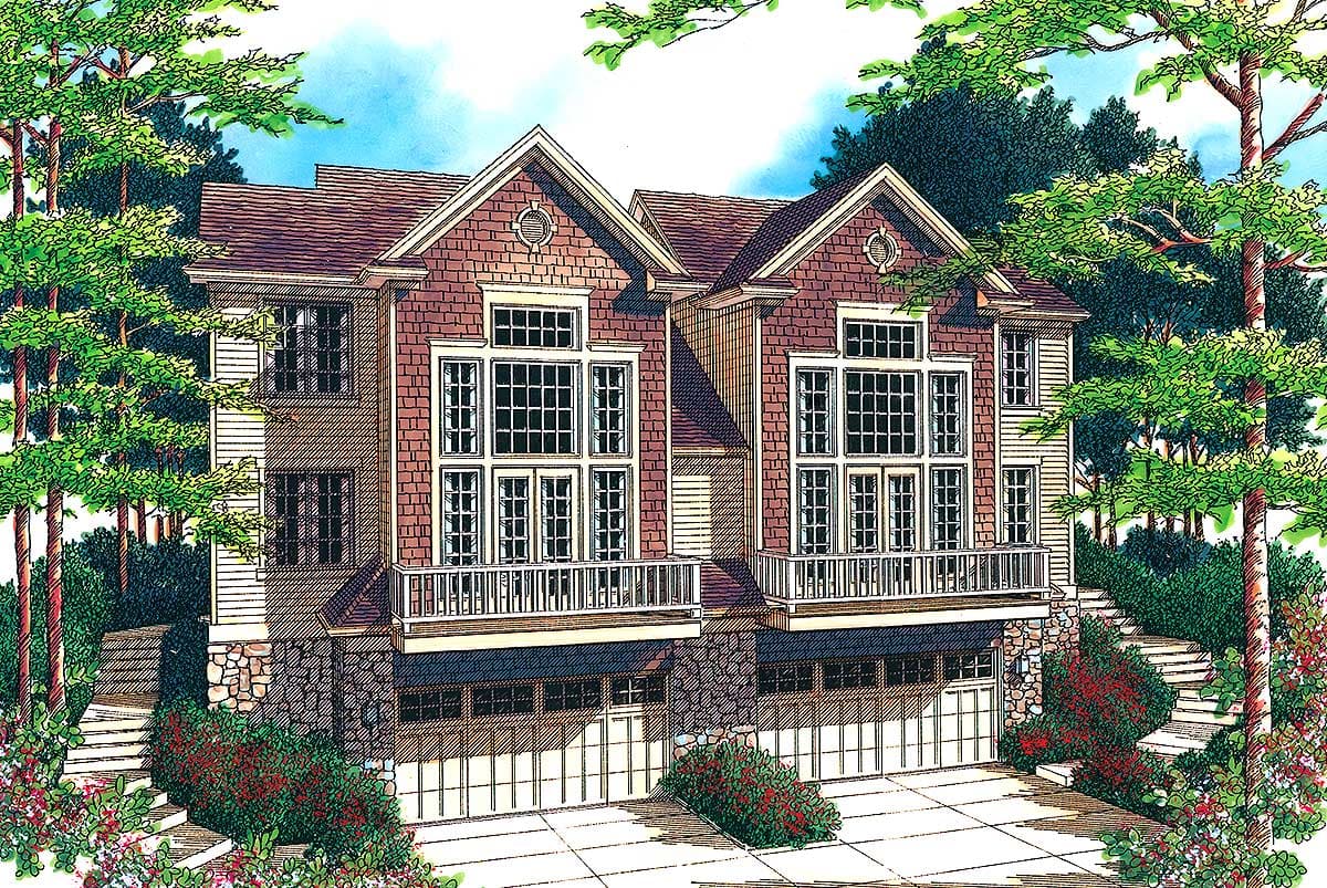 House plan exterior featuring a three-story duplex with stone foundation, balconies, and double garages.