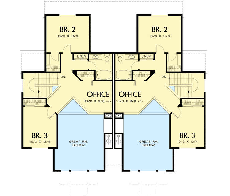 Plan 69384AM: Duplex with French Doors and Fireplaces - 3 Bedroom 1908 Sq Ft Units - Floor Plan - 2nd Floor - Traditional