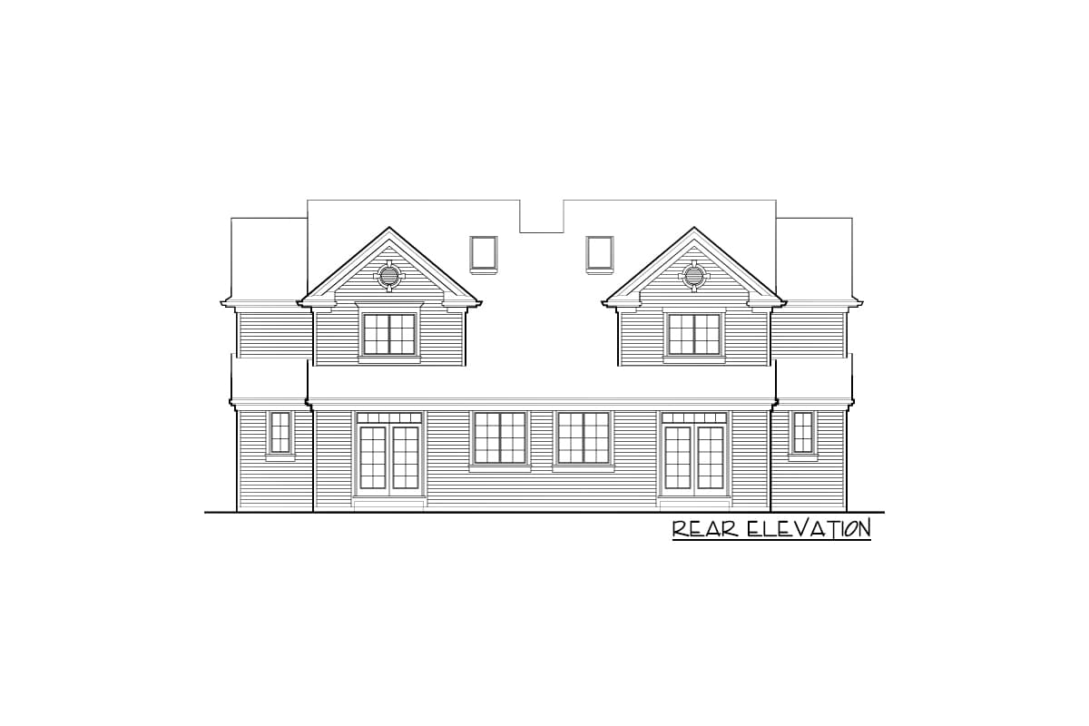 Rear elevation drawing of a two-story house plan with gabled dormers, double doors, and multiple windows.