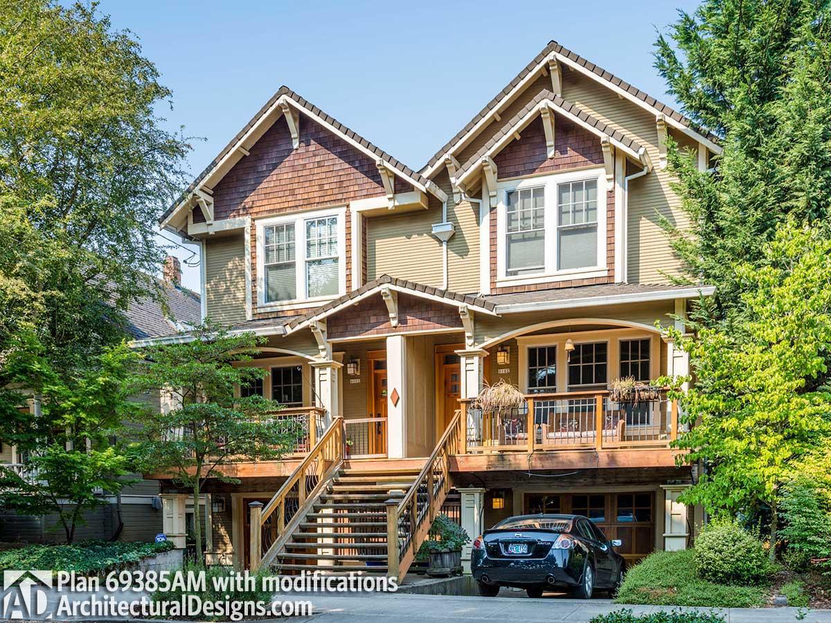 Craftsman style house plan exterior with dual gables, shingle siding, and prominent front staircase.
