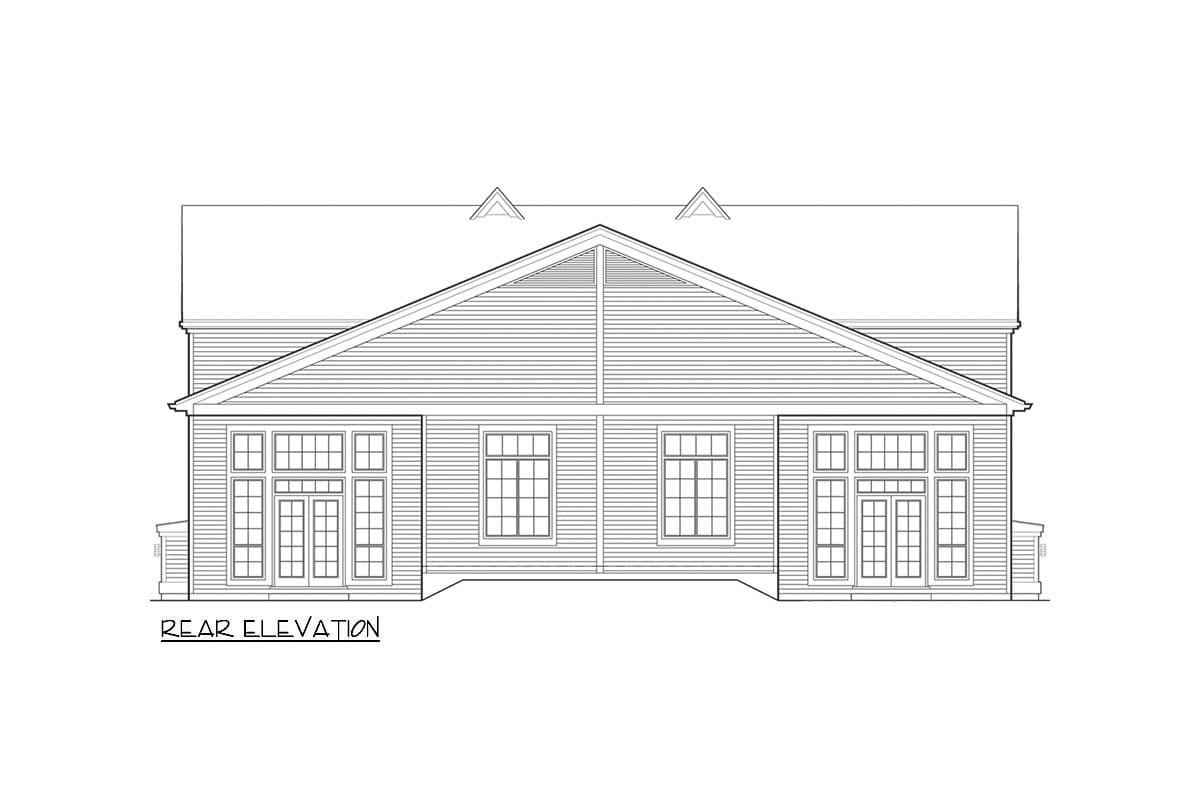 Rear elevation house plan showing a central gable with paired doors flanked by windows and two additional window sets.