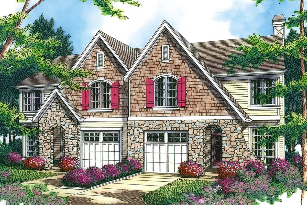 House plan exterior: Two-story residence with stone facade, shingle siding, arched dormers with red shutters, and two garage doors.