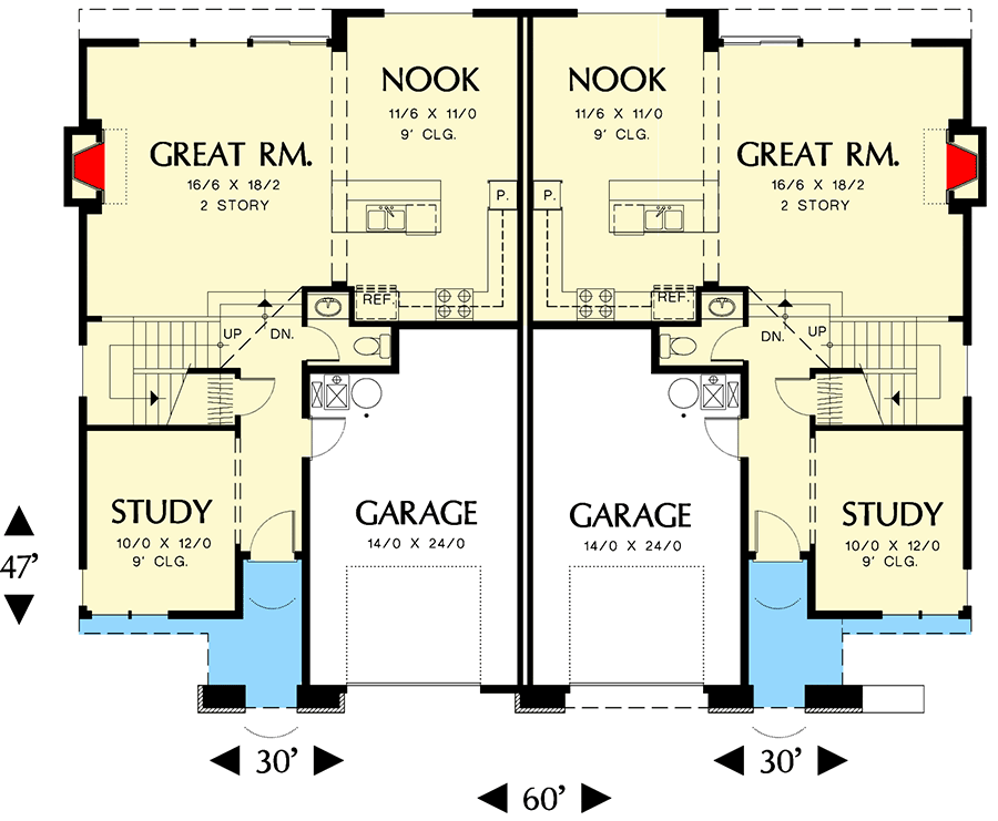 Plan 69387AM: Mirror Image Recessed Entry Duplex with 3 Bedroom Units - 1953 Sq Ft Each - Floor Plan - Main Level - European, French Country, Tudor