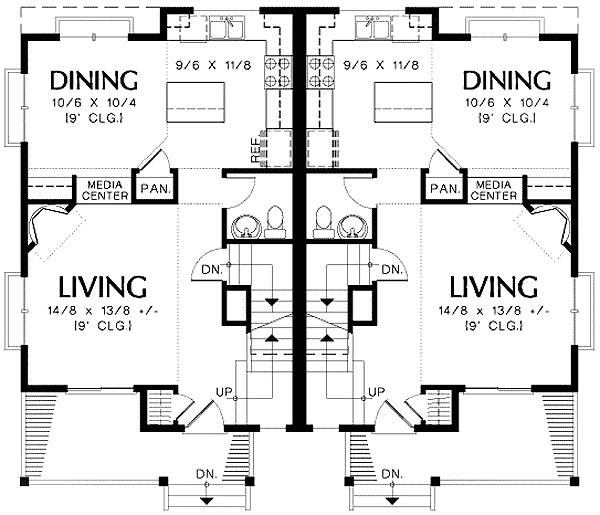 Plan 69388AM: Duplex for a Rear Up-Sloping Lot - 3 Bedroom Units Each 1285 Sq Ft - Floor Plan - Main Level - Craftsman, Northwest