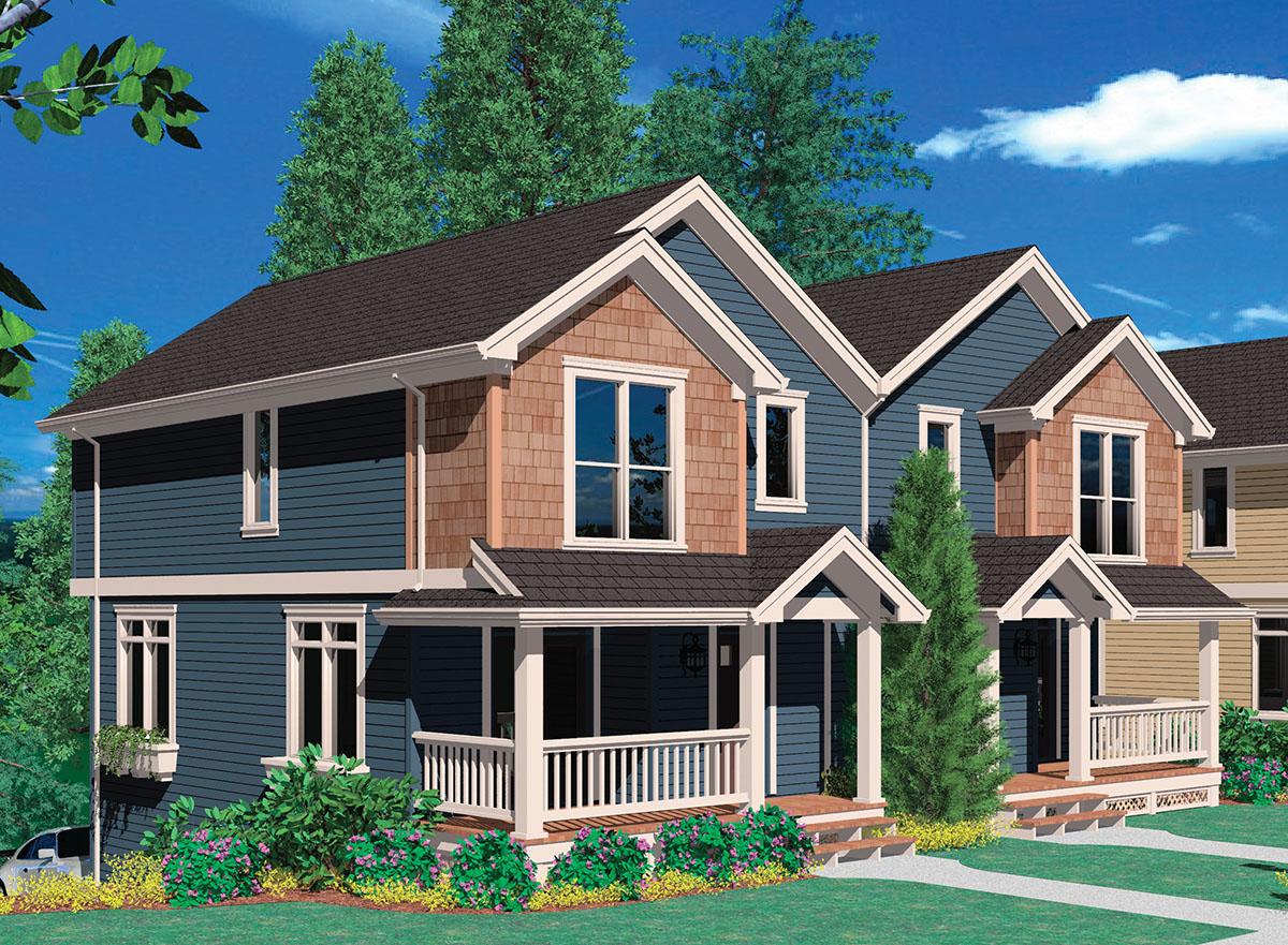 House plan exterior: two-story home with blue siding, cedar shakes, and a wrap-around porch with white railings.
