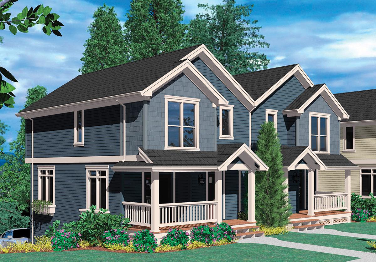 House plan exterior: two-story Modern Farmhouse with gabled dormers, covered front porches, and lap and shake siding.