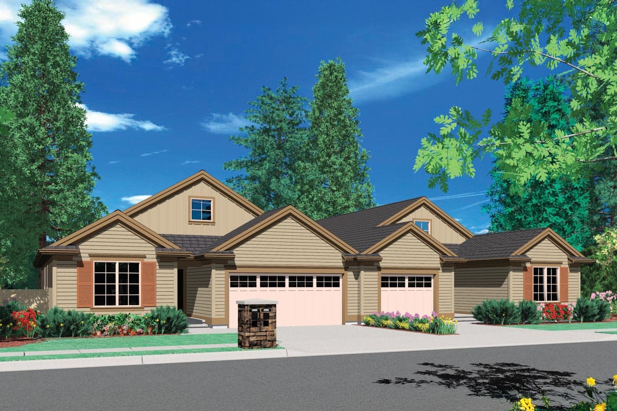 House plan exterior, a single-story home with a prominent gable, three-car garage, and covered entry.