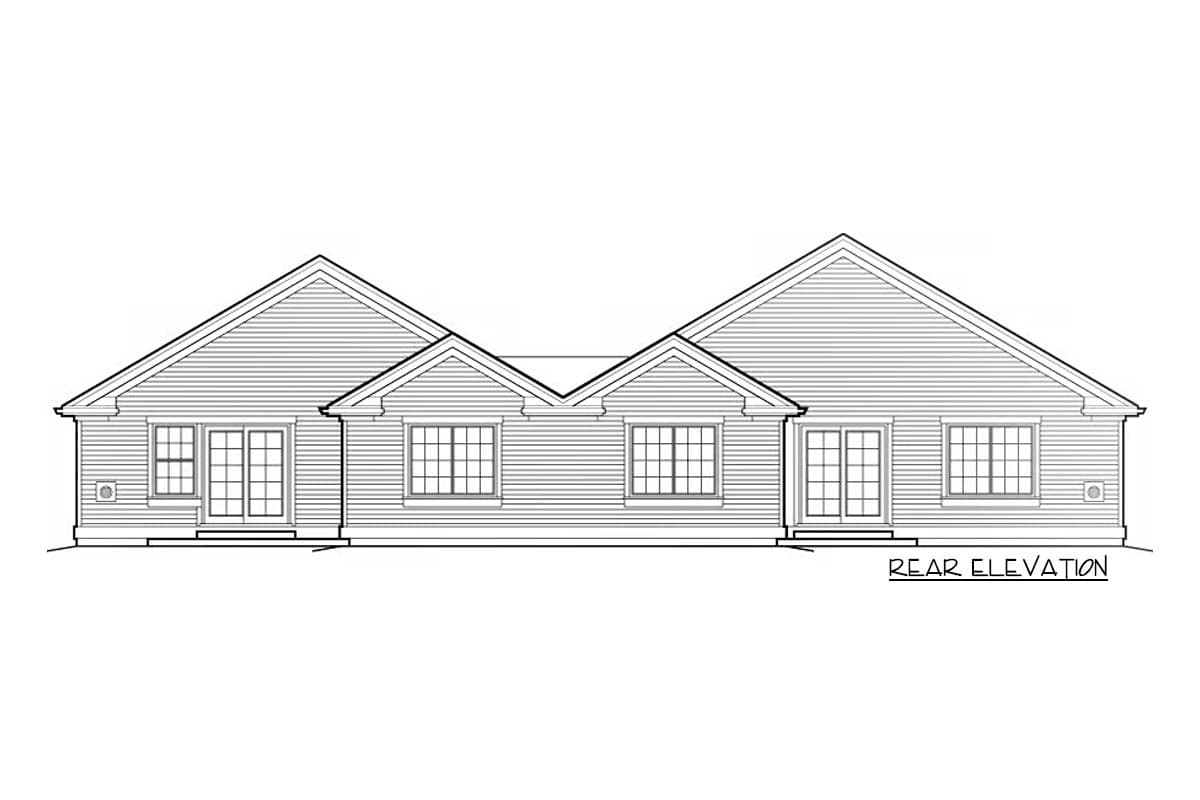 Rear elevation drawing of a one-story house plan with gabled roofs and double doors.