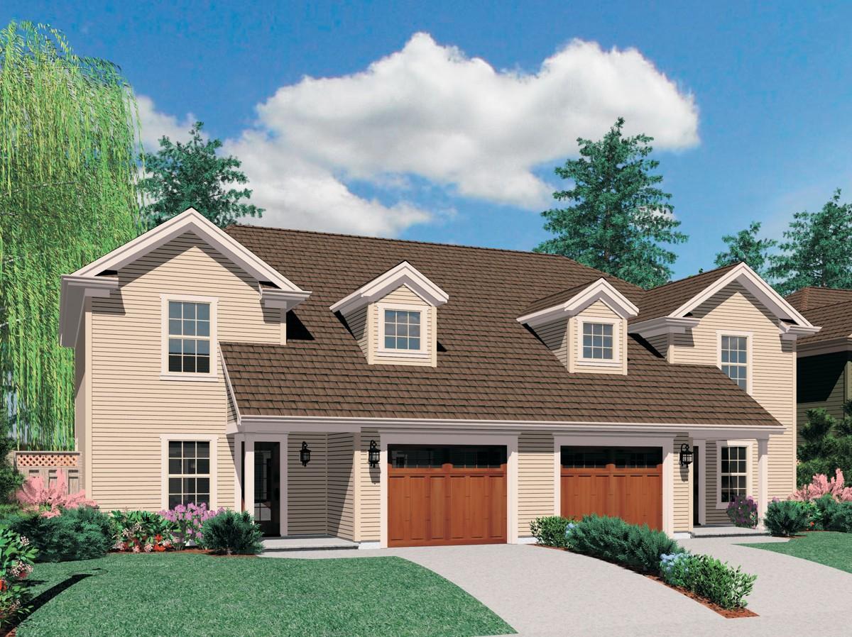 House plan exterior: Two-story duplex with three dormers, siding, and double garage doors.