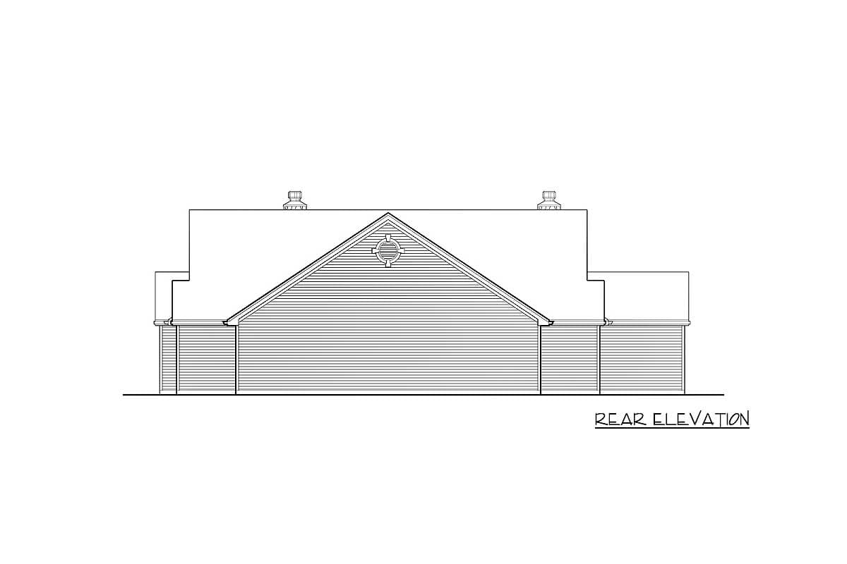 Rear elevation drawing of a house with a prominent gable, dormer, and two roof vents.
