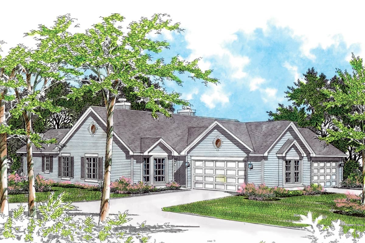 House plan exterior: Ranch style, light blue siding, gable roofs, circular attic vents, and a triple-bay garage.