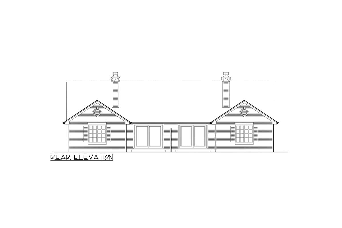 Rear elevation house plan with two gabled sections, paired windows, and dual sliding doors.