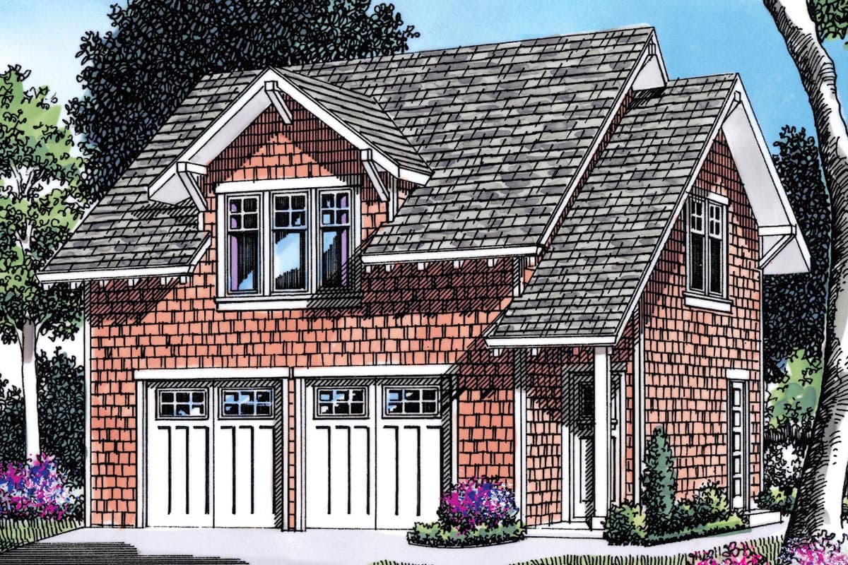 Craftsman house plan exterior with shake siding, two-car garage, dormer, and covered porch.