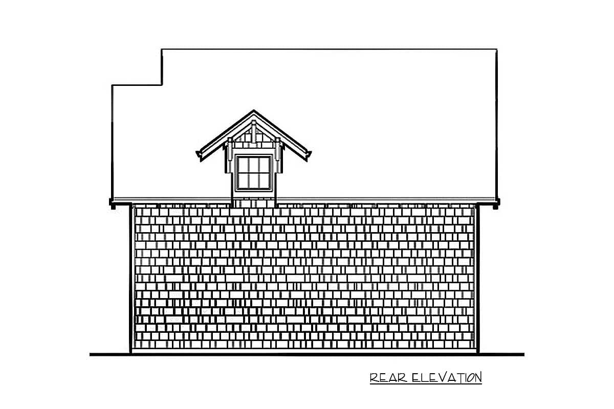 Rear elevation drawing of a house plan featuring shingle siding and a dormer with a grid window.