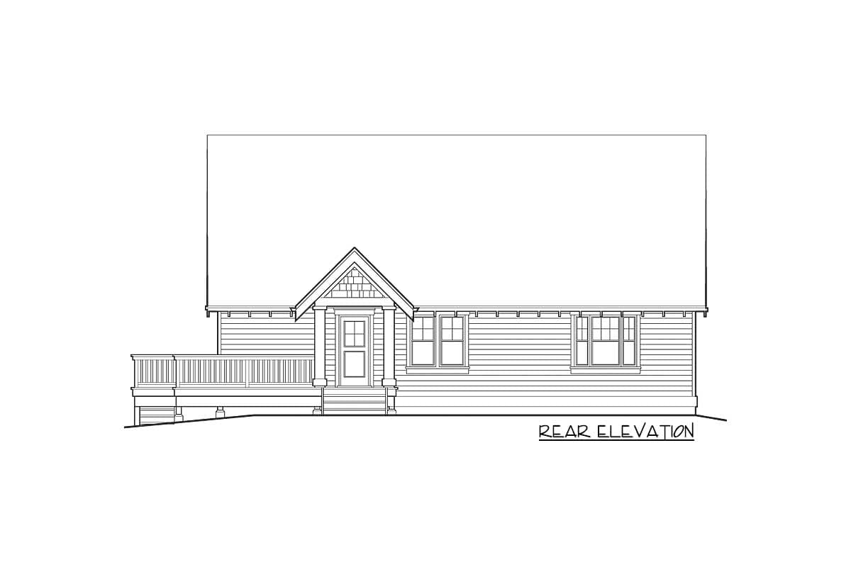 Rear elevation drawing of a house plan with a gabled entry porch, a deck, and horizontal siding.