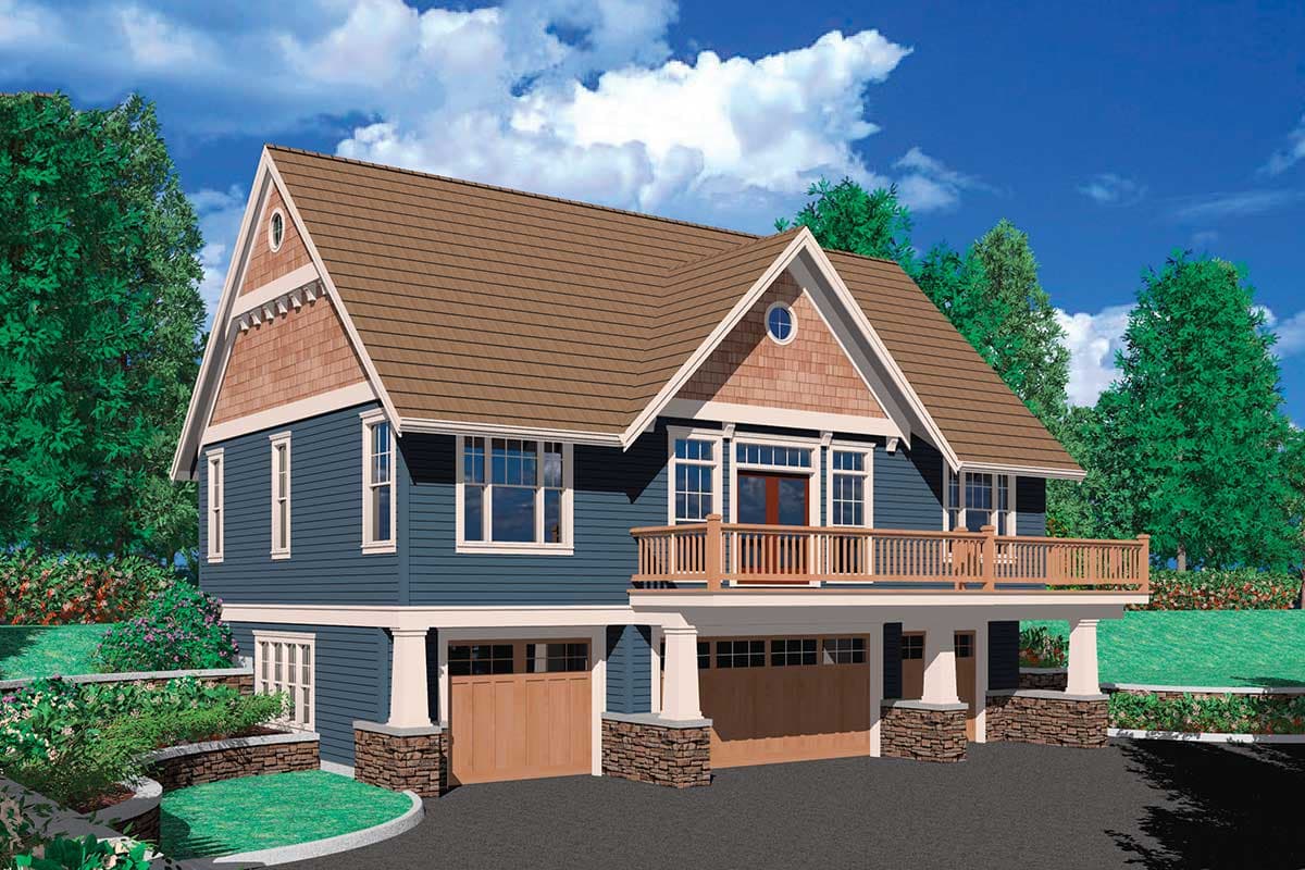 House plan exterior featuring a blue two-story home with a prominent gabled roof, cedar shakes, a wraparound deck, and a three-bay garage.