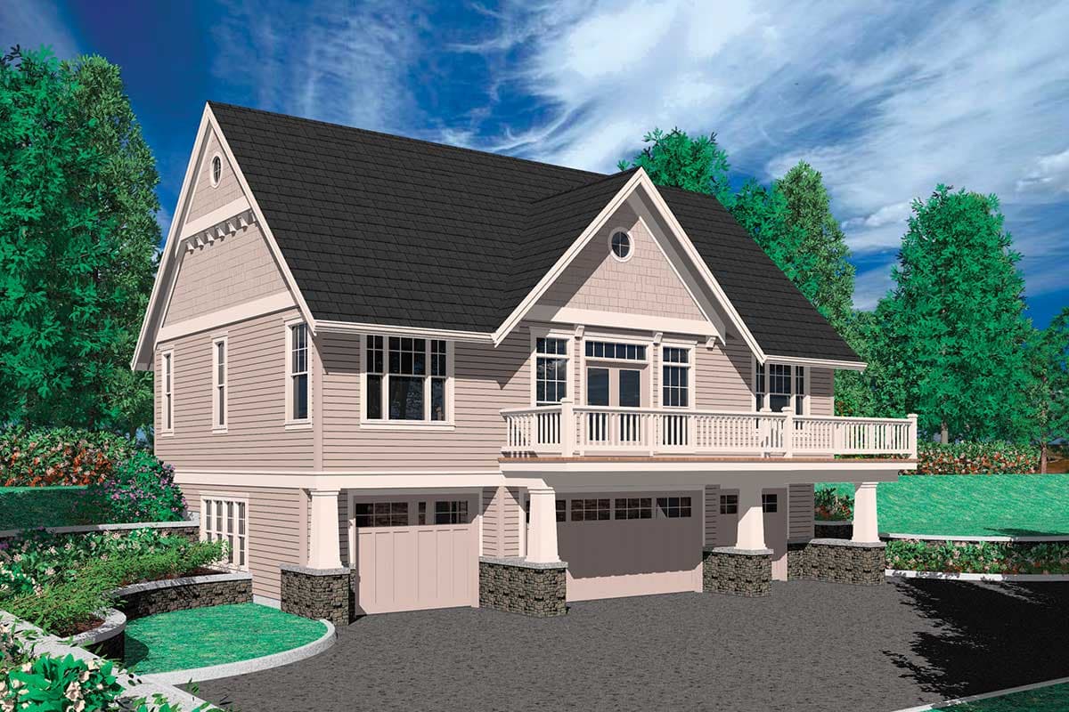 House plan exterior: two-story home with multiple gables, second-story balcony, and a three-car garage.