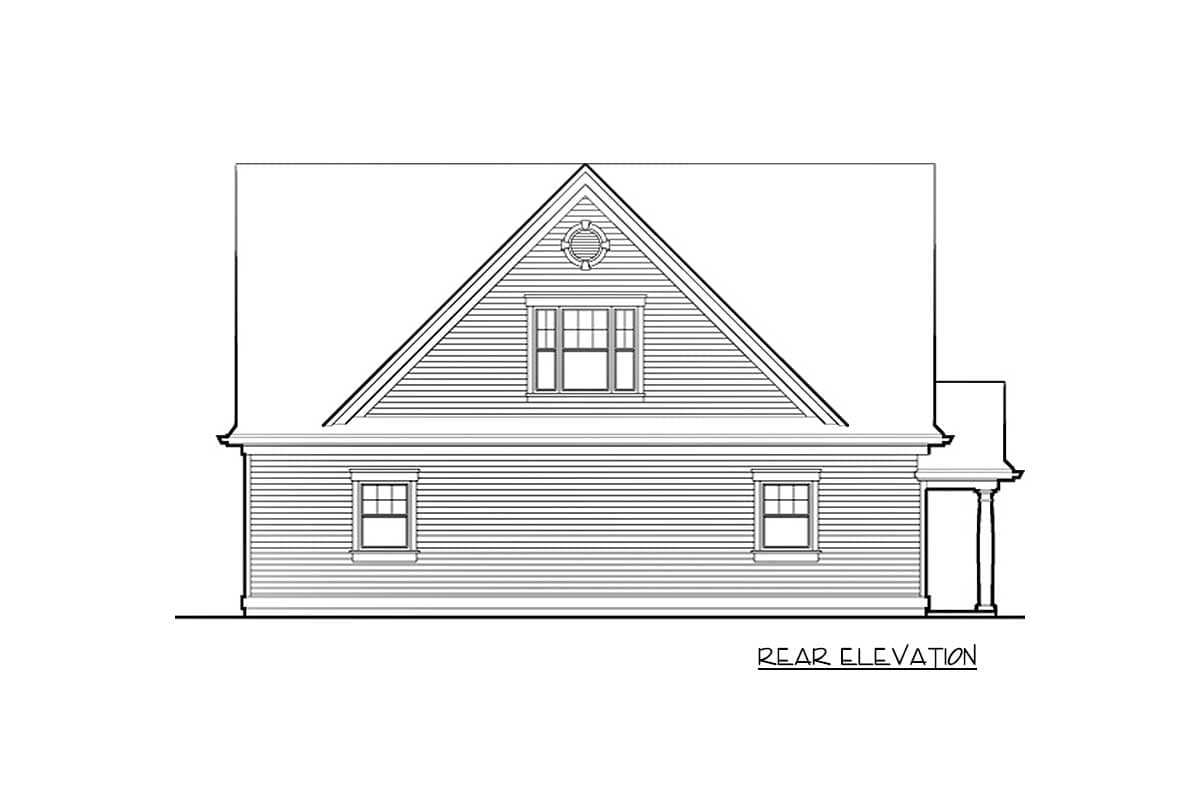Rear elevation house plan featuring a prominent gable with a dormer window and decorative vent, clapboard siding, and a covered entry.