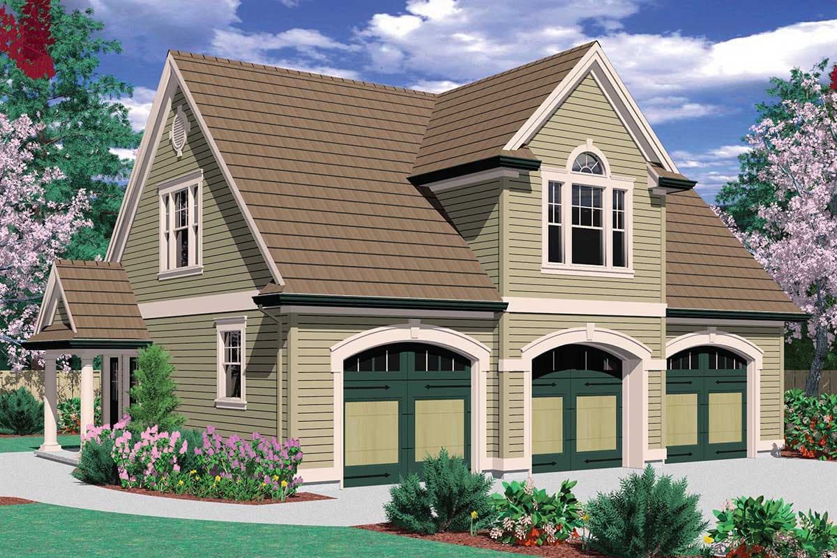 House plan exterior: Three-bay garage with arched doorways, gabled dormers, and siding.