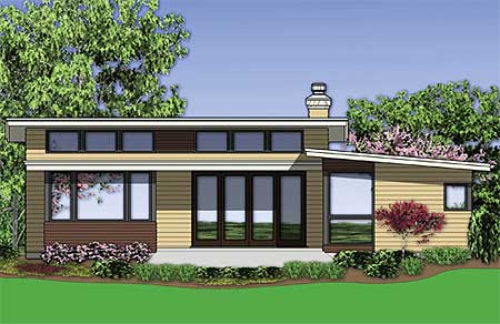 Modern house plan exterior featuring a low-pitched roof, horizontal siding, clerestory windows, and glass doors.