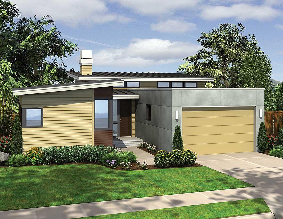 House plan exterior with modern design. Features include a flat roof, horizontal siding, a garage with a contrasting facade, and a chimney.