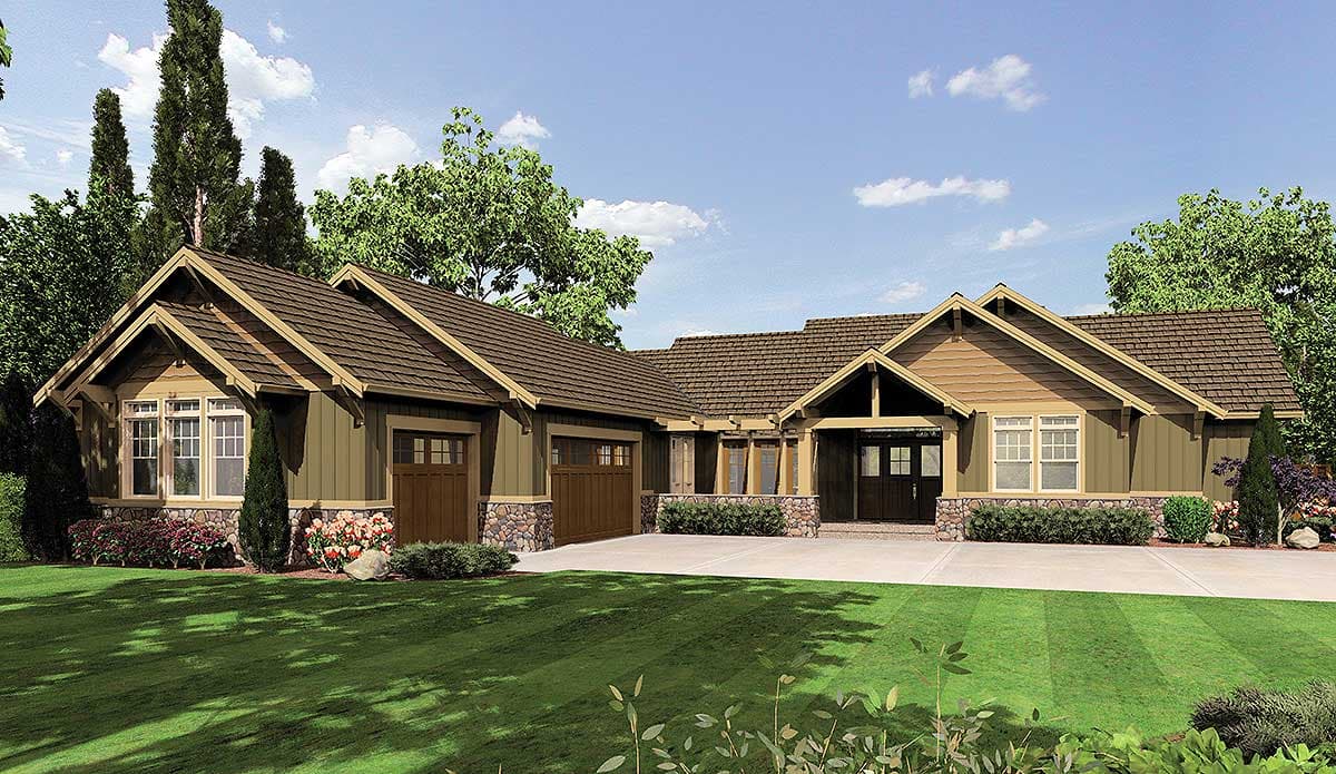Craftsman style house plan exterior, one story, with gabled dormers, stone accents, and a covered entry porch.