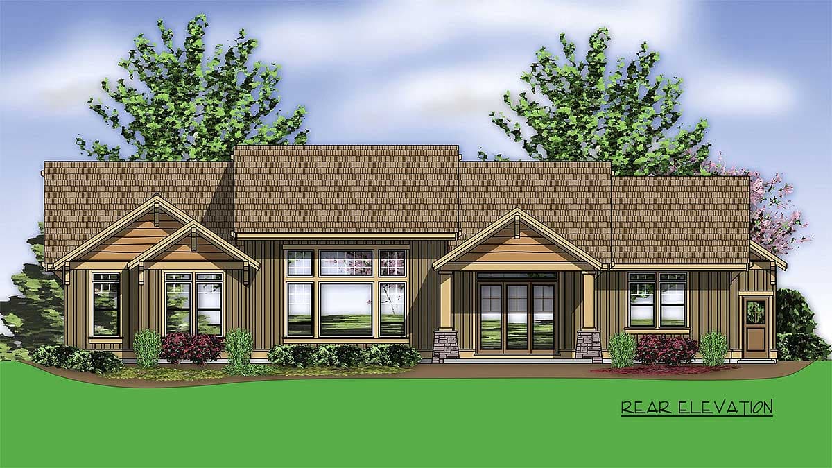 Rear elevation of a single-story house plan with gabled dormers, a covered entry, and stone-accented pillars.