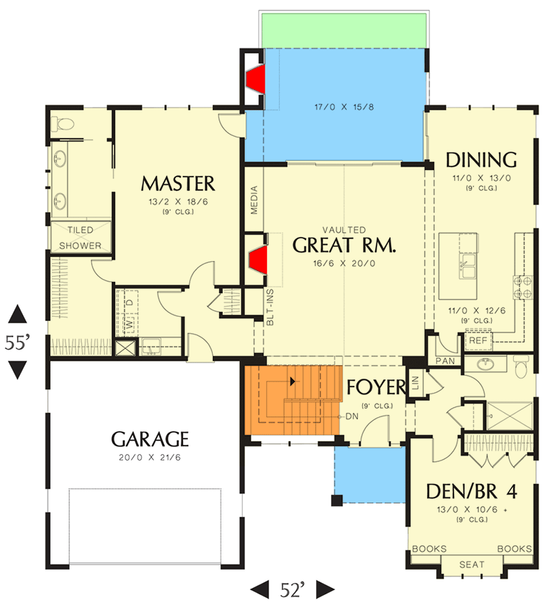 Plan 69399AM: House Plan for a Rear Sloping Lot with Flex Room - 2811 Sq Ft - Floor Plan - Main Level - Craftsman, Northwest, Ranch