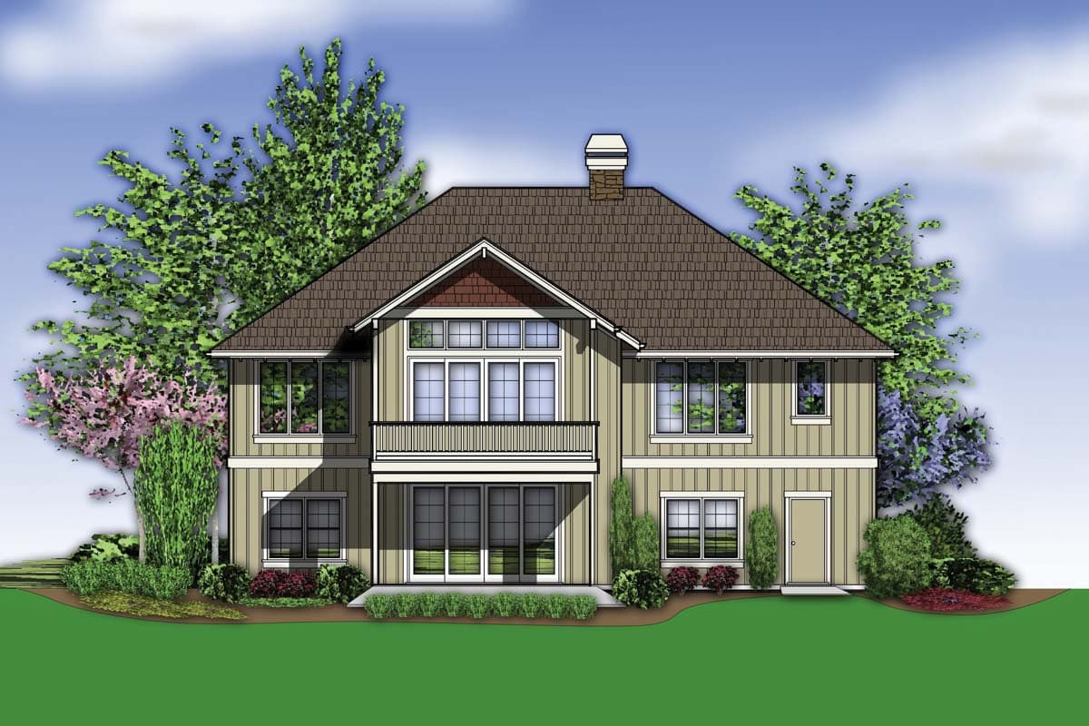 House plan exterior: Two-story home with a hip roof, central gable, balcony, and vertical siding.
