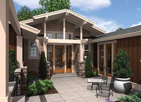 House plan exterior, Craftsman style, showing exposed rafter tails, stone accents, and a covered entry.