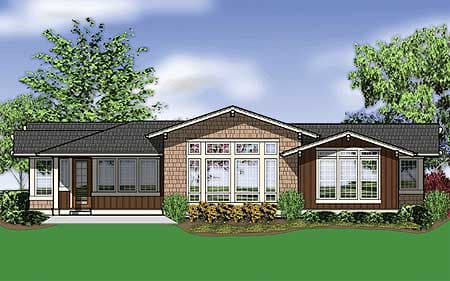 House plan exterior: Single-story ranch with prominent gables, large bay windows, and covered entry.