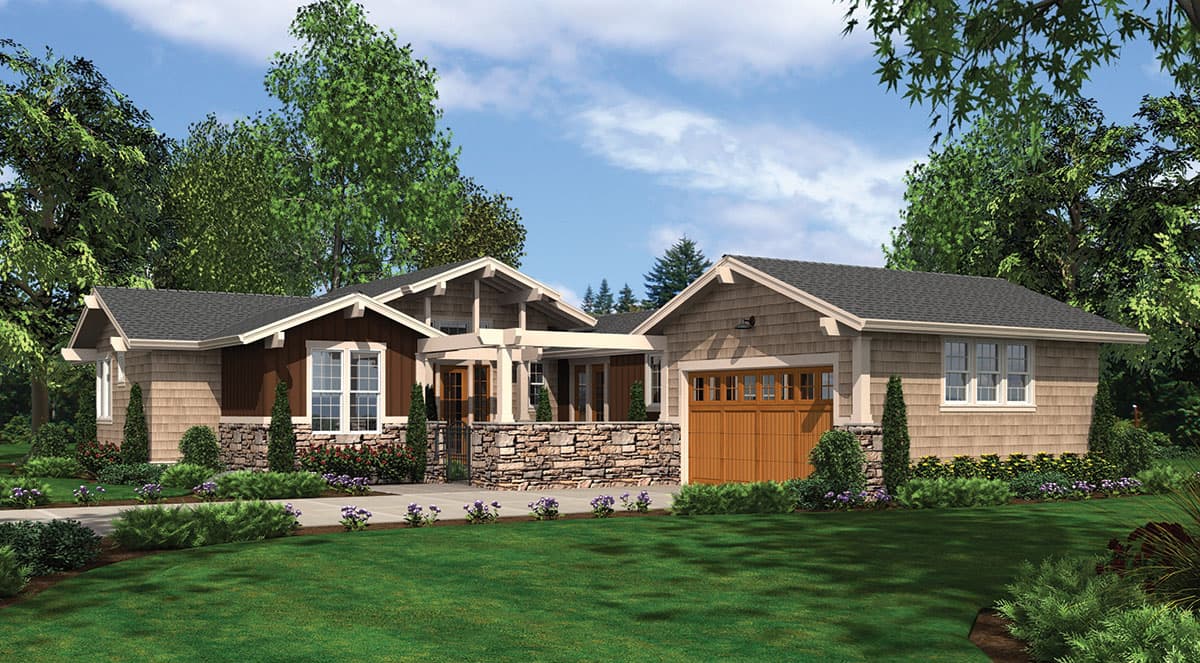 Craftsman-style house plan exterior with a single story, gabled roof, stone accents, and a detached garage with an attached pergola.