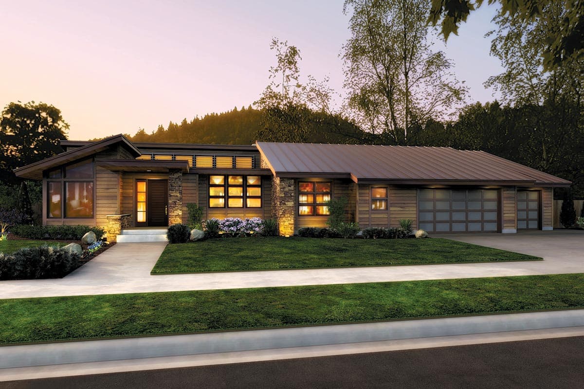 House plan exterior. Modern style, single story home with shed and gable rooflines. Features include a stone entry and glass garage doors.