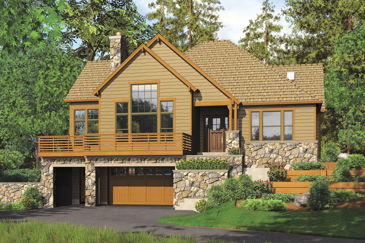 Craftsman house plan exterior with stone foundation, wood siding, pitched roof, large windows, covered porch, and a two-car garage.