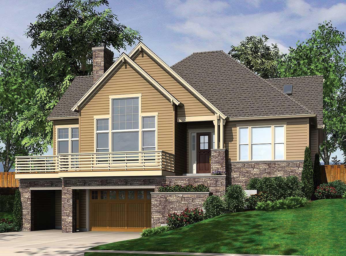 House plan exterior featuring siding and stone facade, a prominent gable, a large balcony, and a two-car garage.