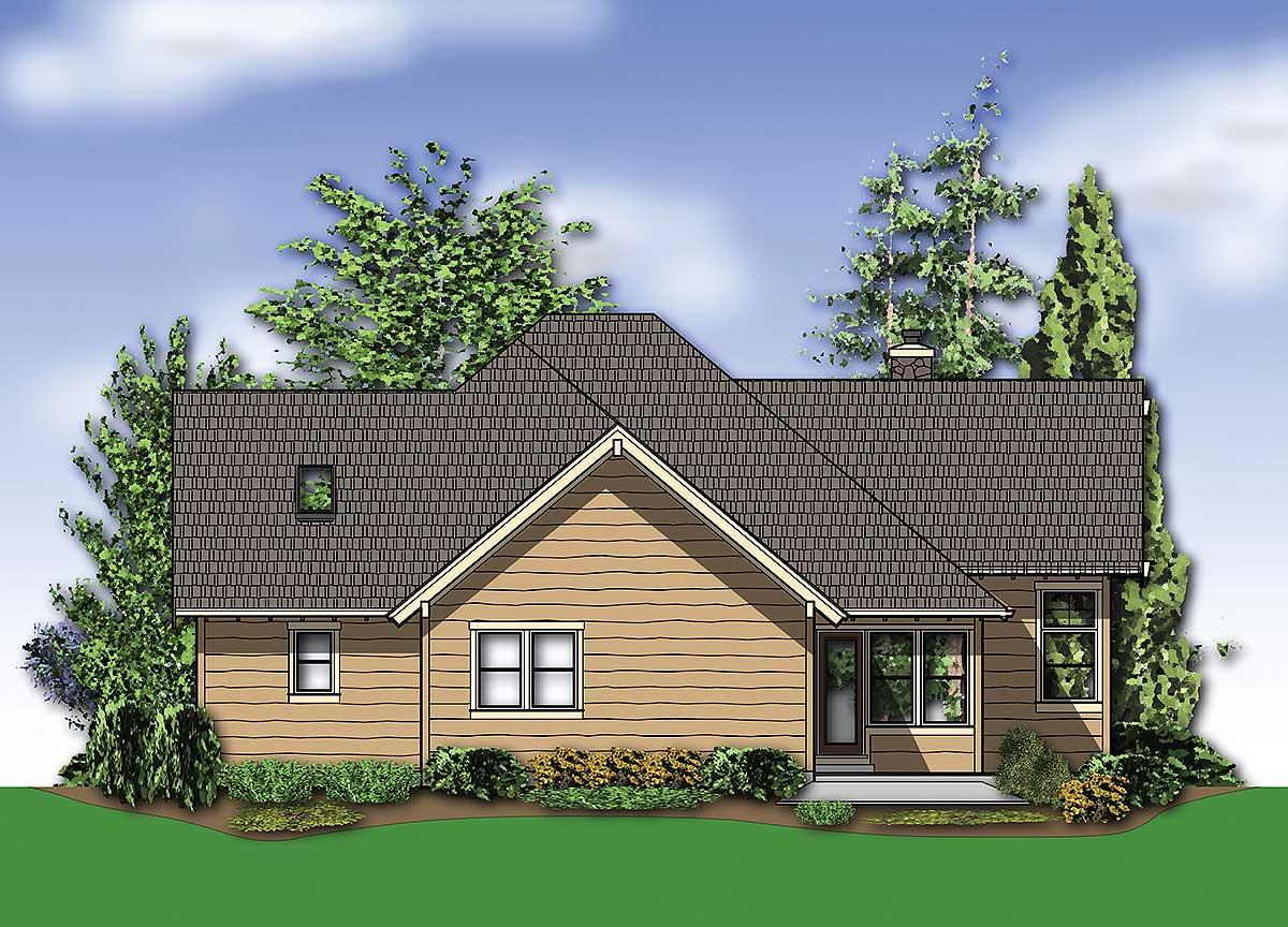 House plan exterior: Ranch style with a prominent gable, hip roof, covered entryway, and dormer window.