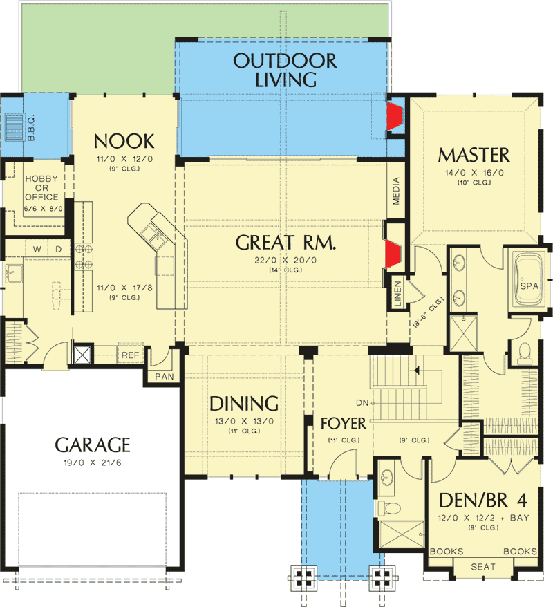 Plan 69404AM: 4-Bed Craftsman House Plan with Finished Lower Level Walkout - 3565 Sq Ft - Floor Plan - Main Level - Craftsman, Northwest, Traditional