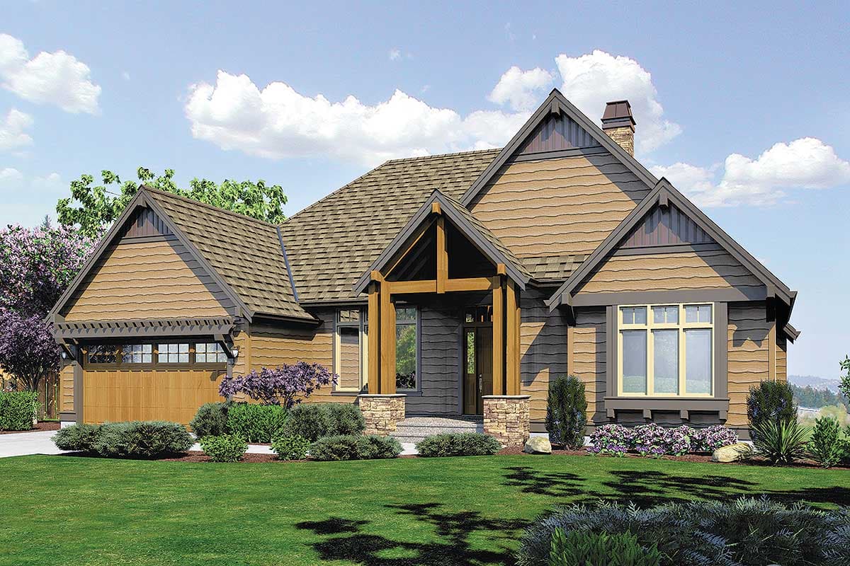 House plan exterior featuring Craftsman style, one story, gabled roof, timber-framed entry porch, and attached garage with a wood door.