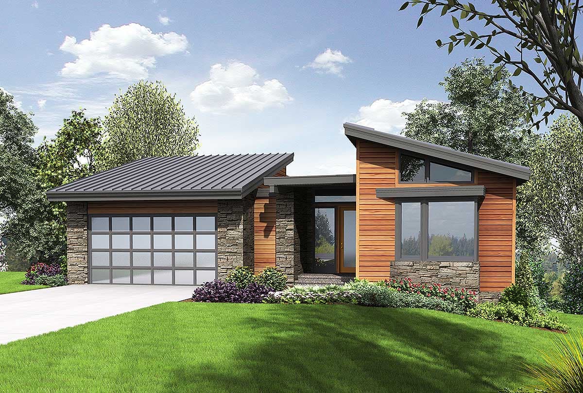 House plan exterior with modern style, stone and wood siding, metal roof, and angled windows.