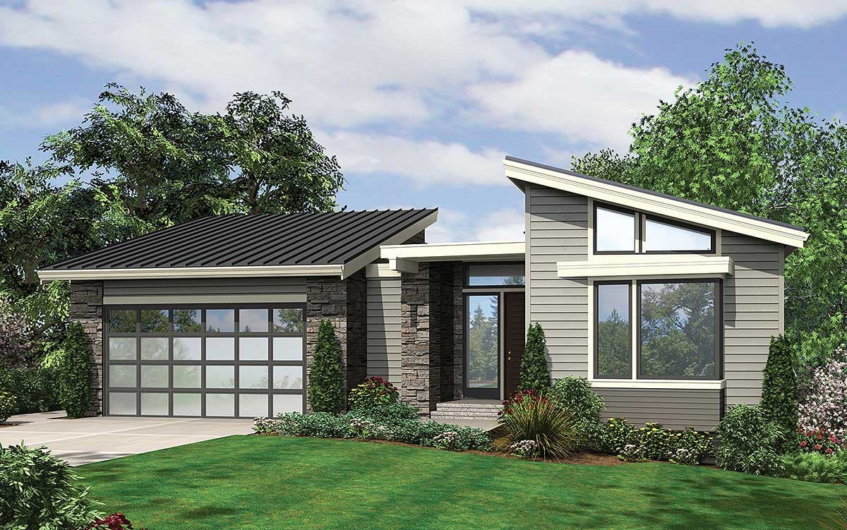 Modern house plan exterior with angled rooflines, stone accents, a glass garage door, and asymmetrical windows.