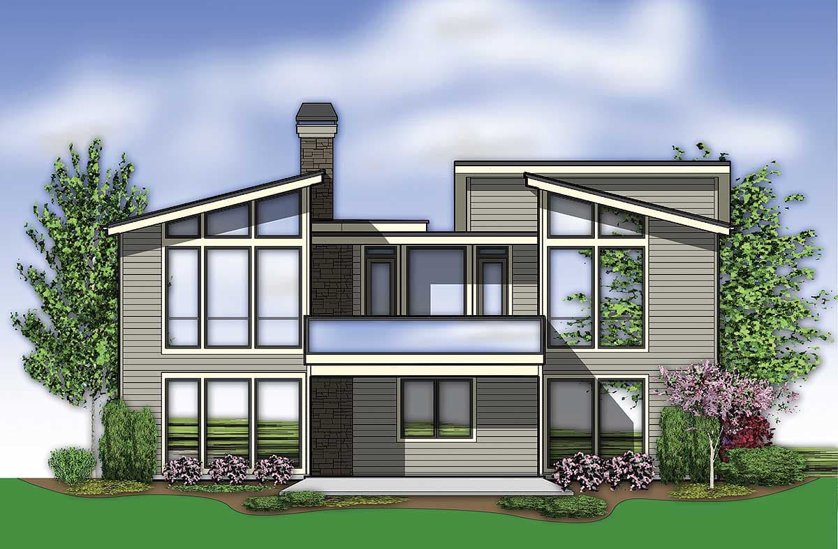 Modern house plan exterior: two stories, asymmetrical gables, large windows, stone chimney, and balcony.
