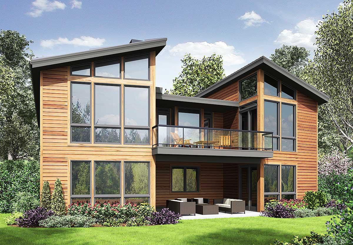 Modern house plan exterior with wood siding, asymmetric rooflines, extensive glass windows, and a second-story balcony.