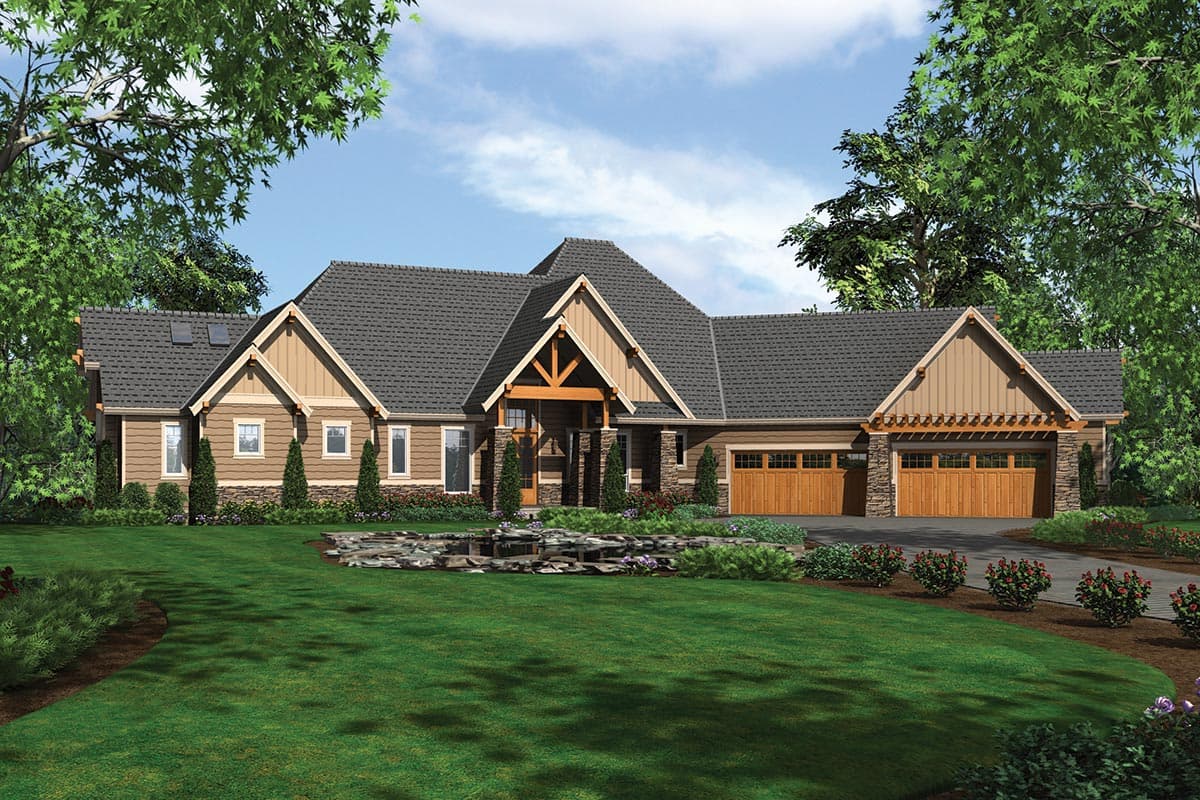 House plan exterior. Craftsman style, single story home with gabled roof, timber framed entry, and attached garage. Stone and wood siding.