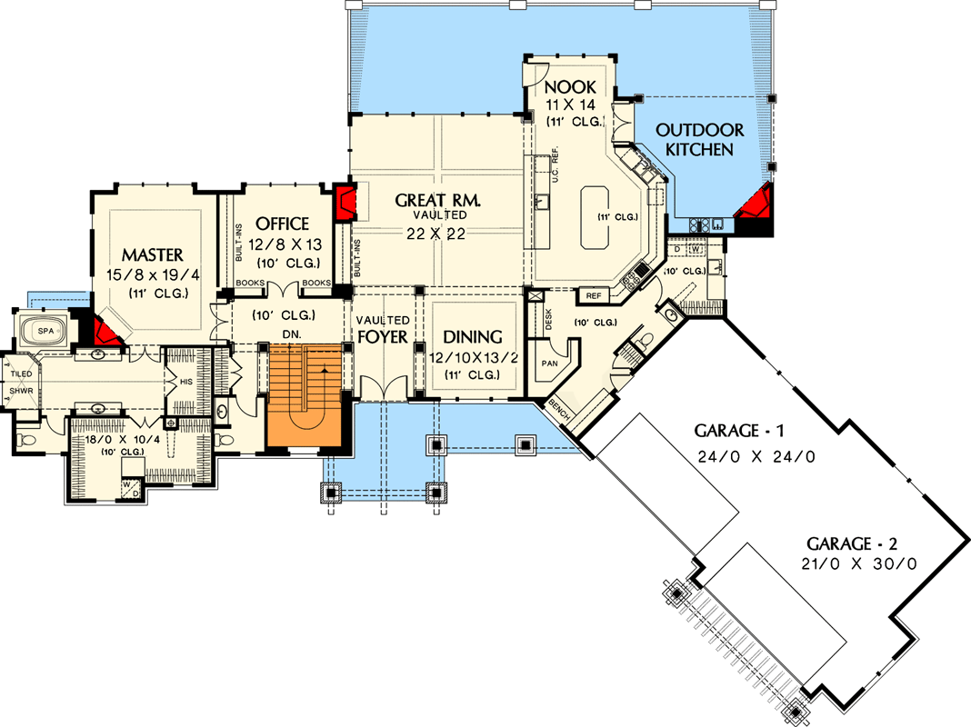 Plan 69407AM: 5100 Square Foot Craftsman Lodge with Angled Garage and Finished Lower Level - Floor Plan - Main Level - Craftsman, Mountain, New American, Northwest, Rustic