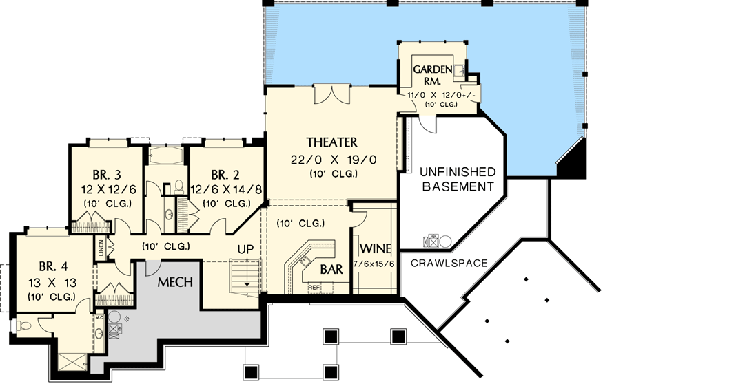 Plan 69407AM: 5100 Square Foot Craftsman Lodge with Angled Garage and Finished Lower Level - Floor Plan - Lower Level - Craftsman, Mountain, New American, Northwest, Rustic