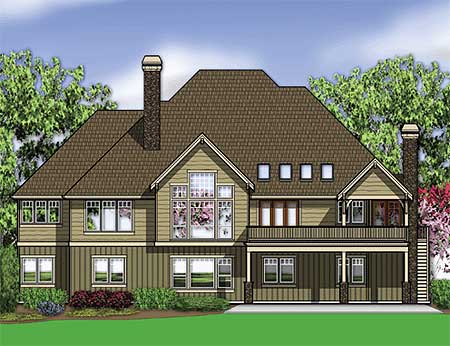 House plan exterior shows a two-story home with multiple gables, dormers, and a prominent brick chimney.