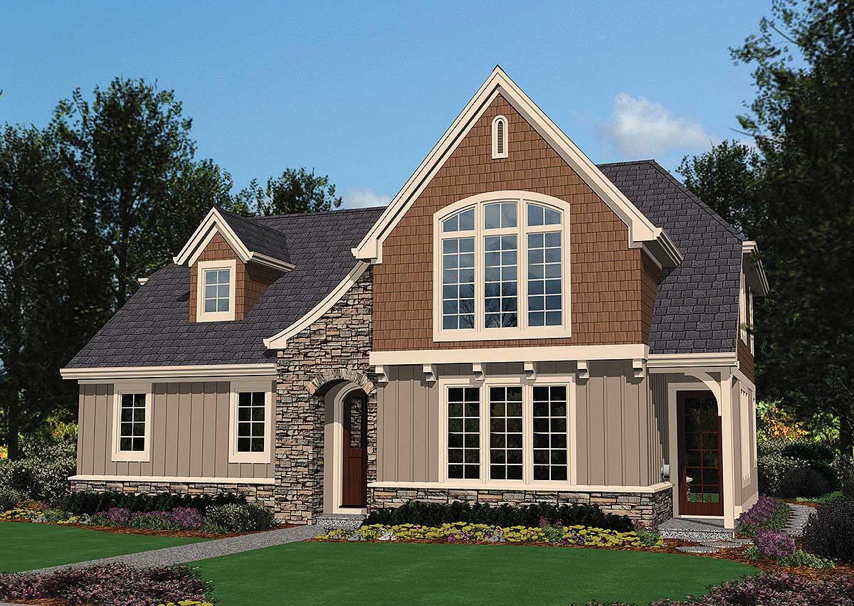House plan exterior with Craftsman details, two stories, gabled roof, stone accents, and large arched window.