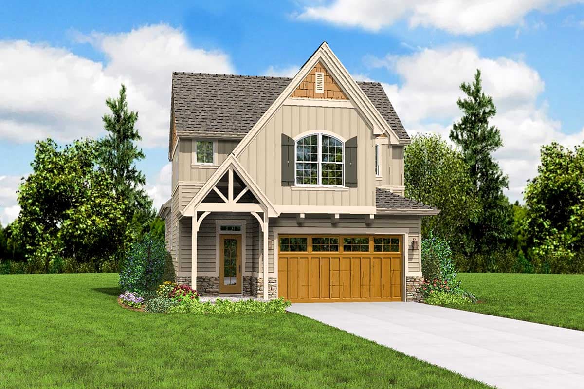Two-story Modern Farmhouse house plan exterior with gable accents, arched window, and two-car front-facing garage.